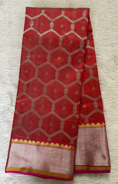 Chanderi Pattu Saree Red colored saree complemented with a Silver Zari border - Sampradaya Designer Studio