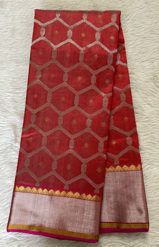 Chanderi Pattu Saree Red colored saree complemented with a Silver Zari border - Sampradaya Designer Studio
