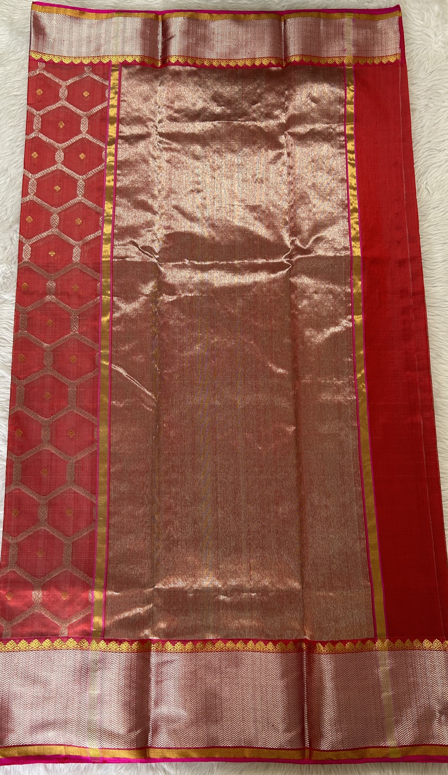 Chanderi Pattu Saree Red colored saree complemented with a Silver Zari border - Sampradaya Designer Studio