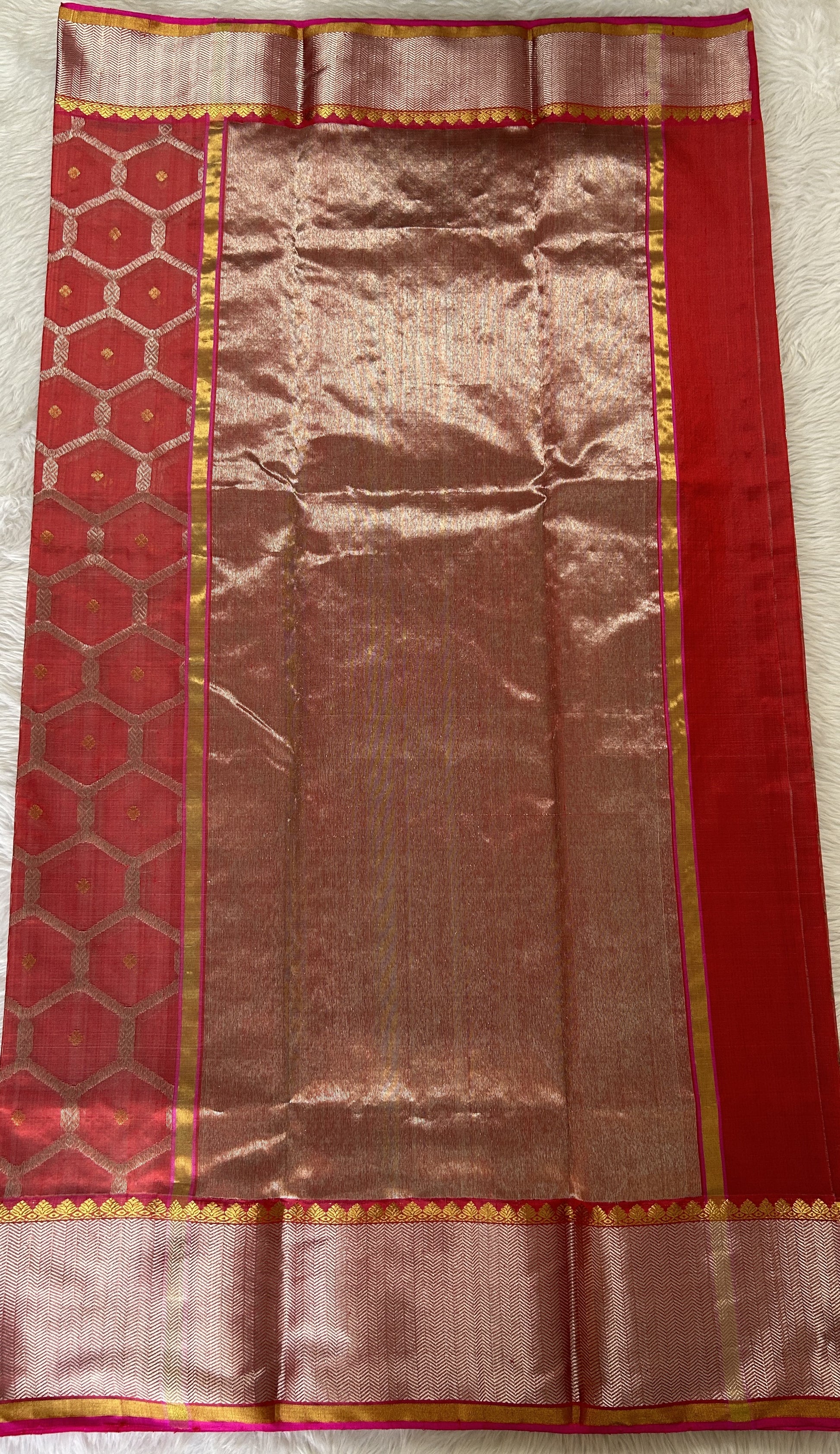 Chanderi Pattu Saree Red colored saree complemented with a Silver Zari border - Sampradaya Designer Studio