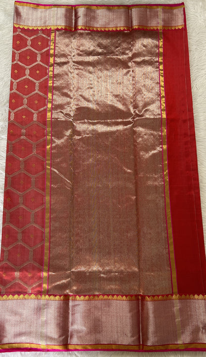 Chanderi Pattu Saree Red colored saree complemented with a Silver Zari border - Sampradaya Designer Studio