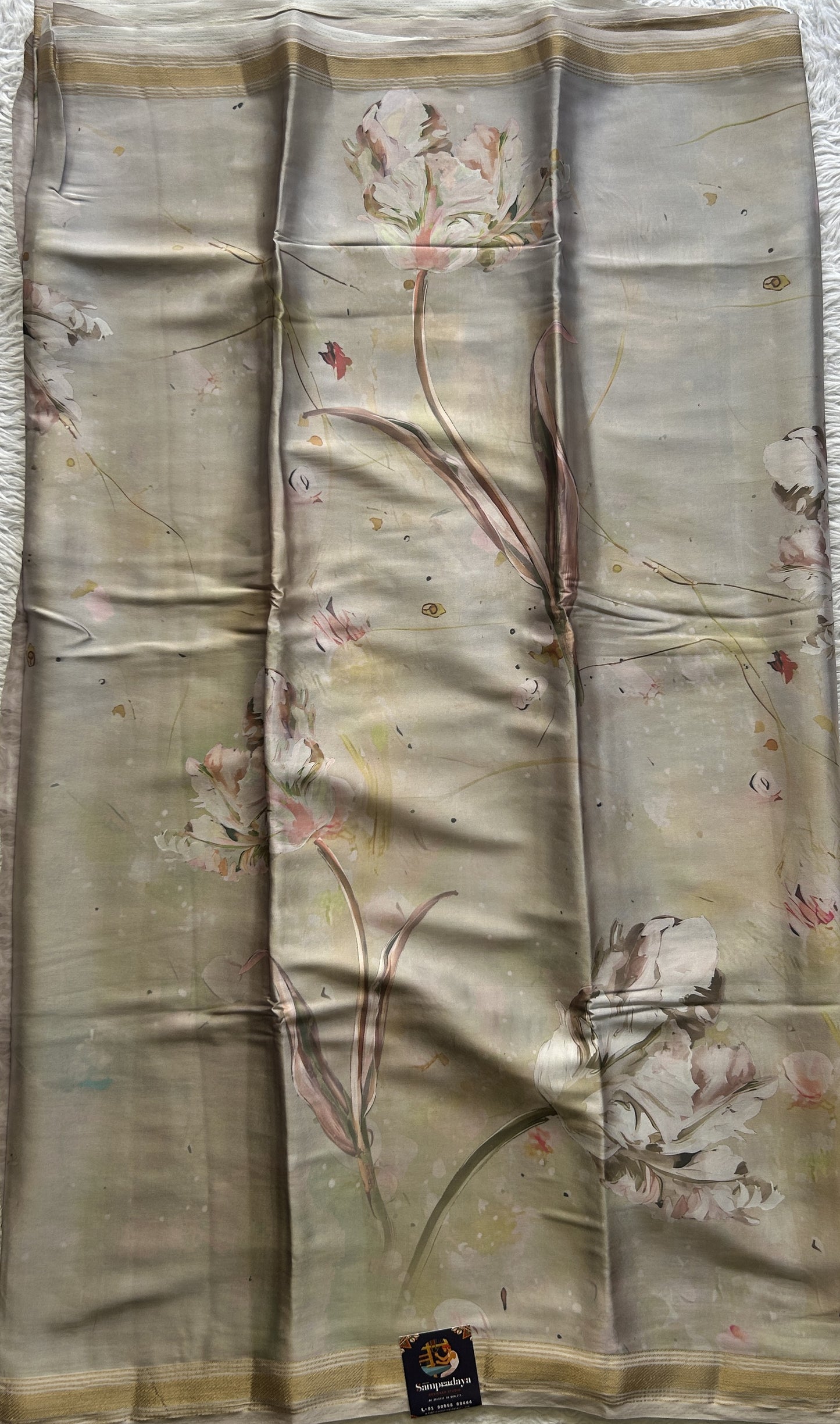 Satin Silk Saree Ash Colored Complemented with a Zari Border. - Sampradaya Designer Studio