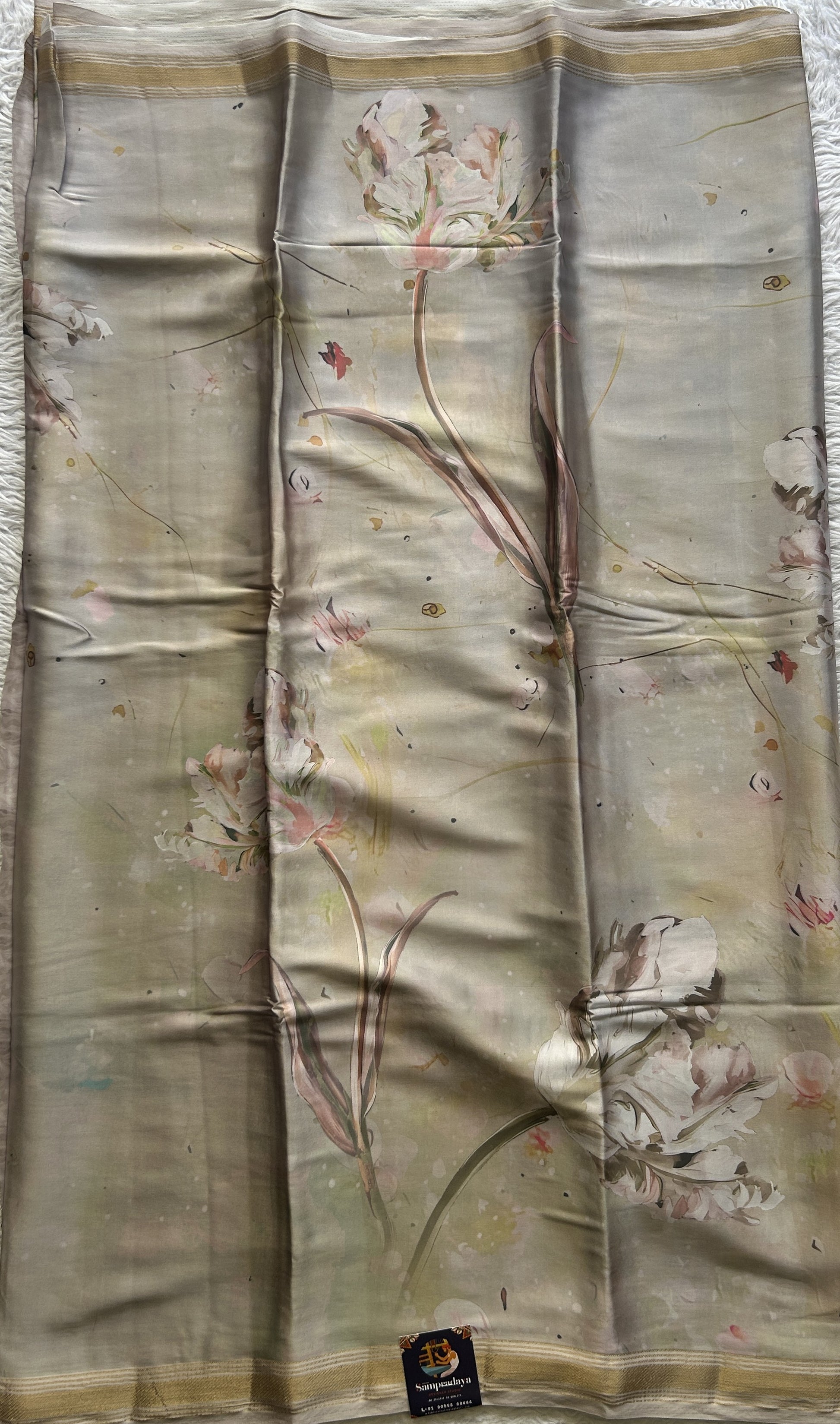 Satin Silk Saree Ash Colored Complemented with a Zari Border. - Sampradaya Designer Studio