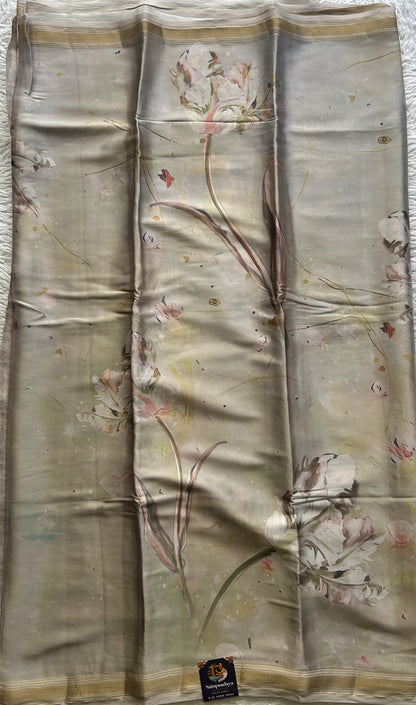 Satin Silk Saree Ash Colored Complemented with a Zari Border. - Sampradaya Designer Studio