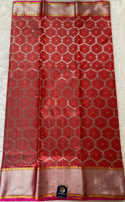 Chanderi Pattu Saree Red colored saree complemented with a Silver Zari border - Sampradaya Designer Studio