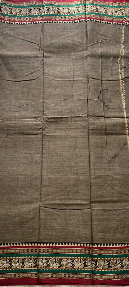 Narayanpet Cotton Dress Material –  Dark Taupe Color Thread Border | Handloom Cotton