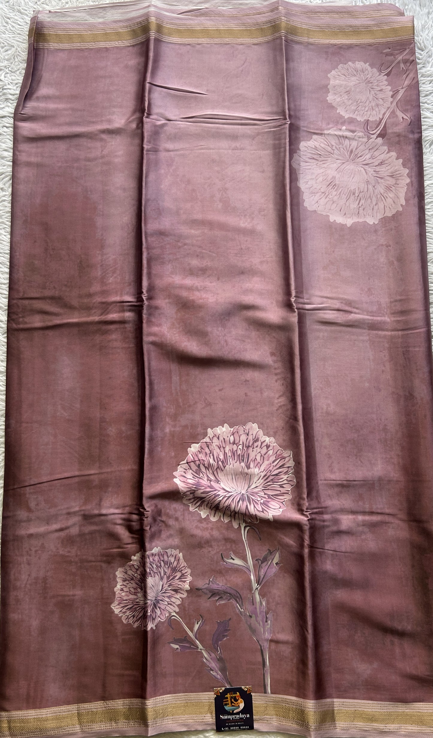 Satin Silk Saree Mauve Colored Complemented with a Zari Border. - Sampradaya Designer Studio