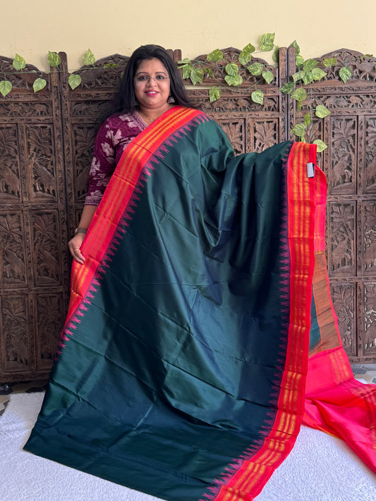 Gadwal Silk Saree Emerald Colored Complemented With Gold Zari Border