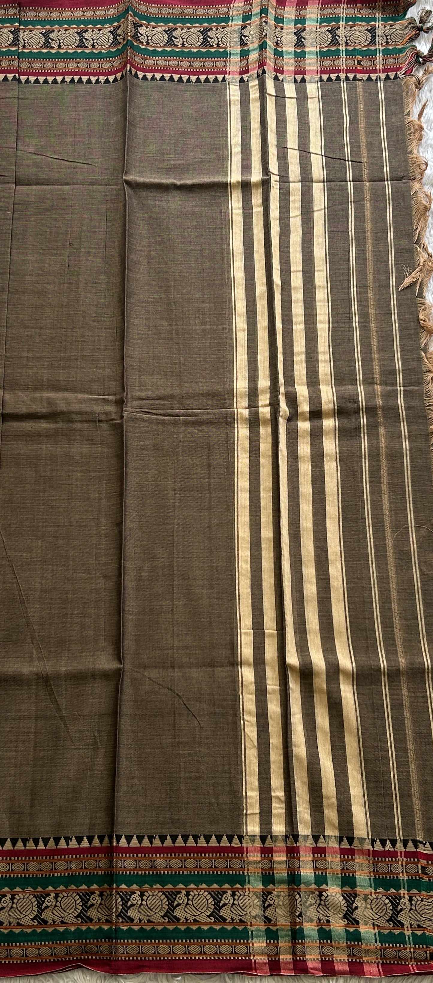 Narayanpet Cotton Dress Material –  Dark Taupe Color Thread Border | Handloom Cotton
