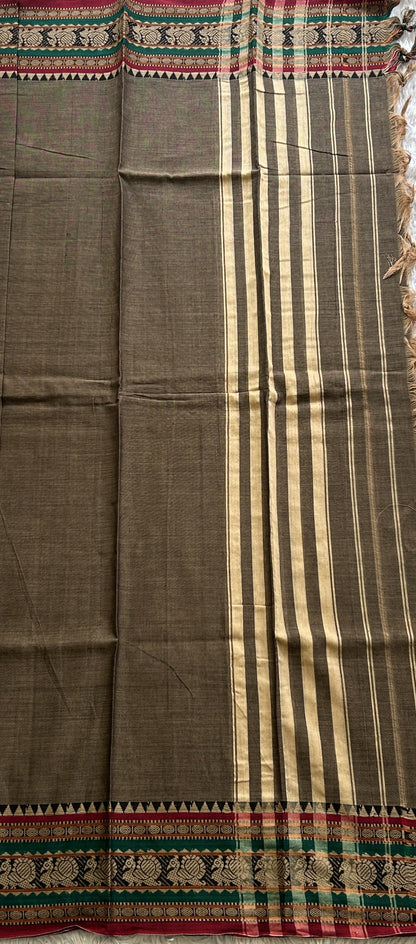Narayanpet Cotton Dress Material –  Dark Taupe Color Thread Border | Handloom Cotton