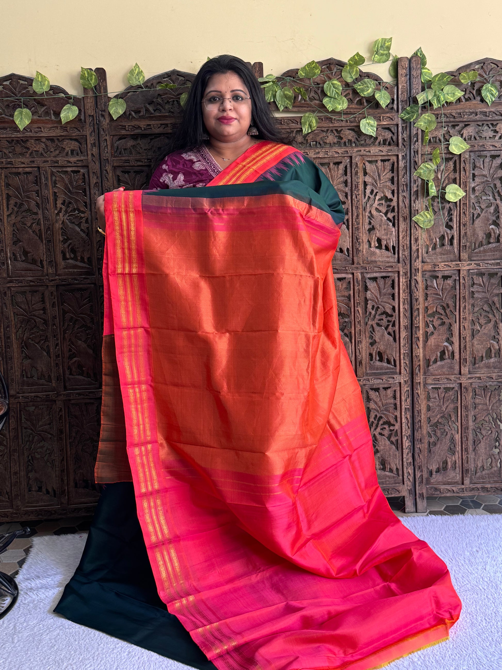 Gadwal Silk Saree Emerald Colored Complemented With Gold Zari Border - Sampradaya Designer Studio