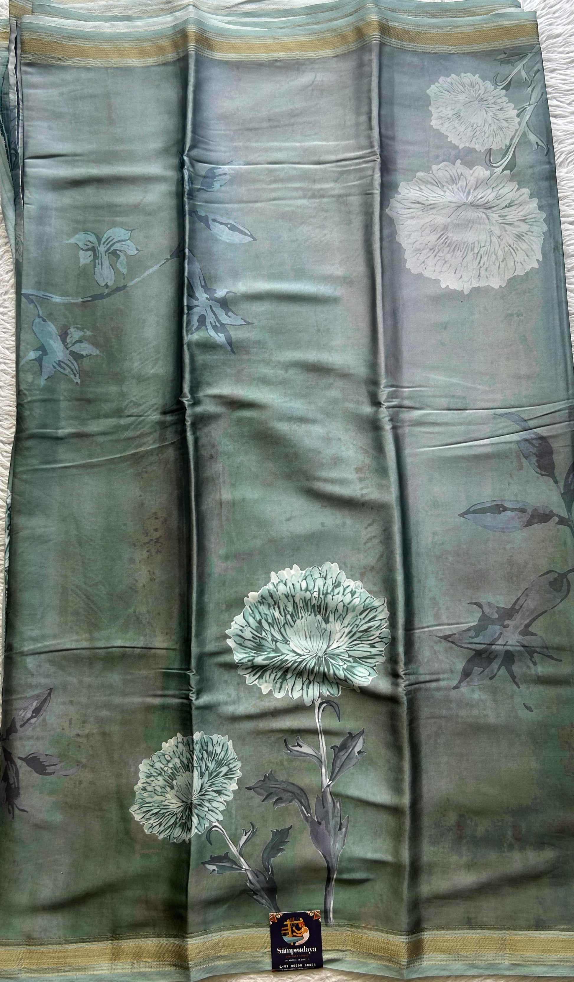 Satin Silk Saree Sea Green Colored Complemented with a Zari Border. - Sampradaya Designer Studio