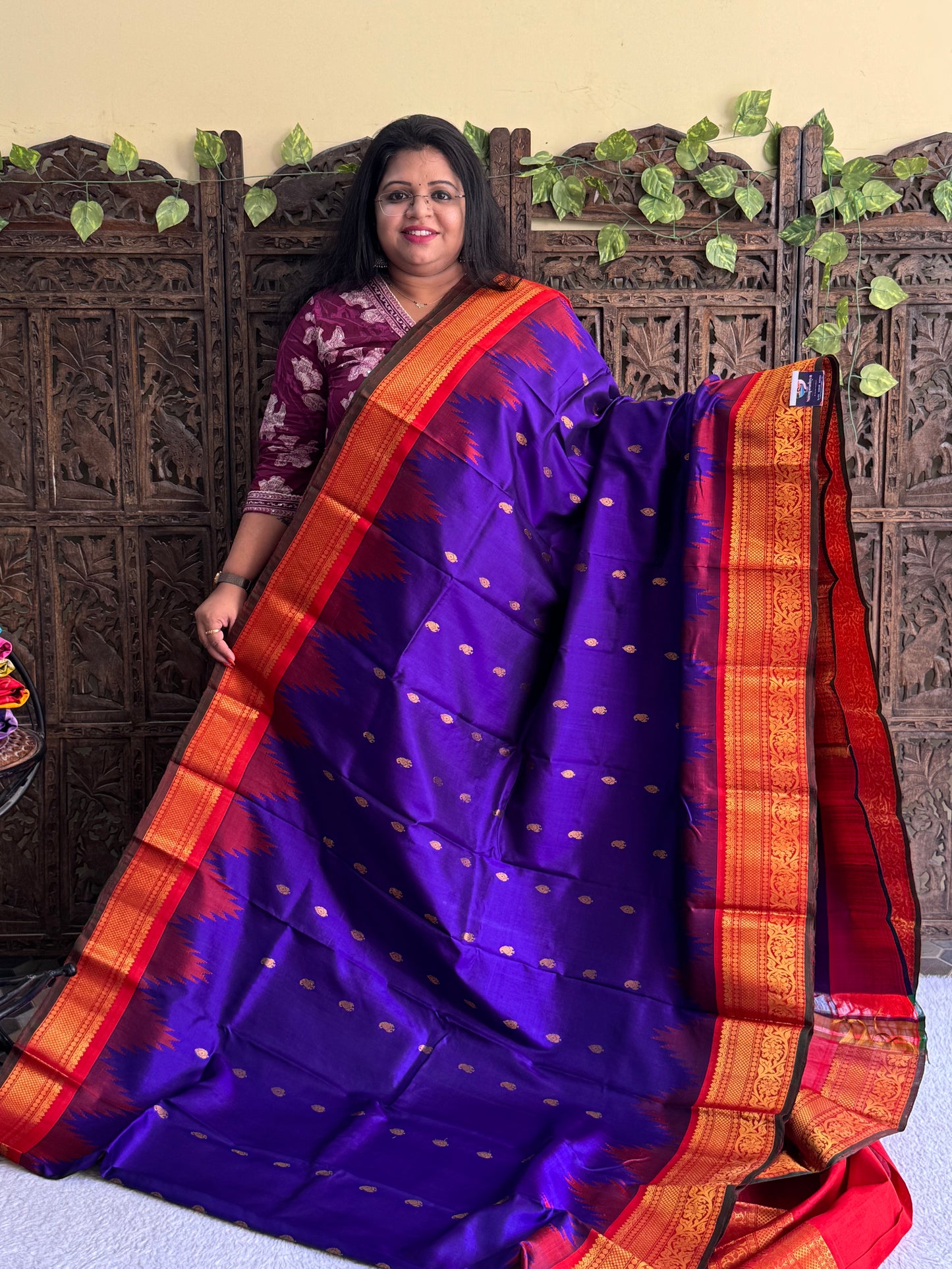 Gadwal Silk Saree Space Colored Complemented With Gold Zari Border - Sampradaya Designer Studio