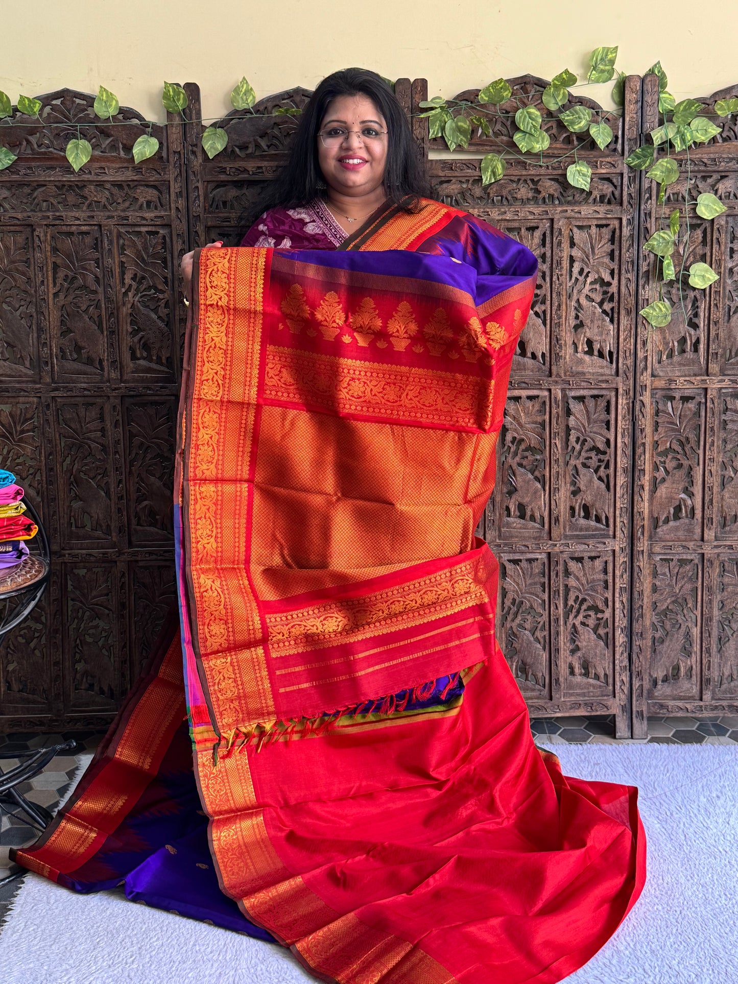 Gadwal Silk Saree Space Colored Complemented With Gold Zari Border - Sampradaya Designer Studio