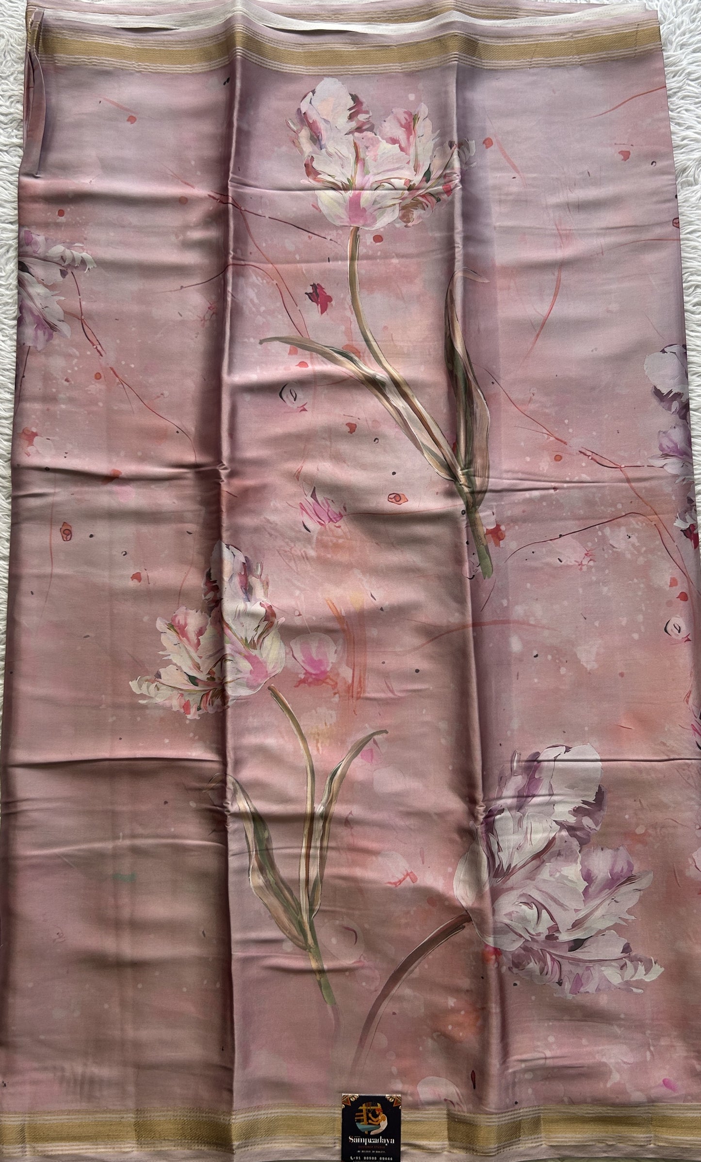 Satin Silk Saree Baby Pink Colored Complemented with a Zari Border. - Sampradaya Designer Studio
