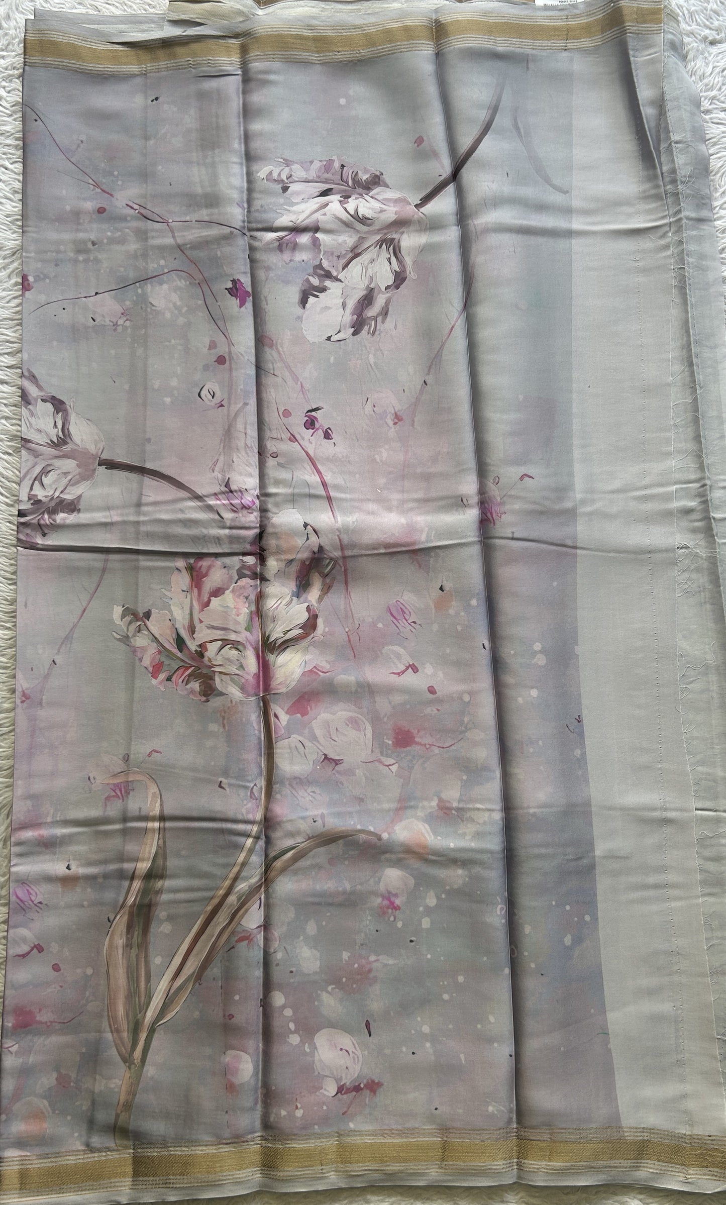 Satin Silk Saree Silver Colored Complemented with a Zari Border. - Sampradaya Designer Studio