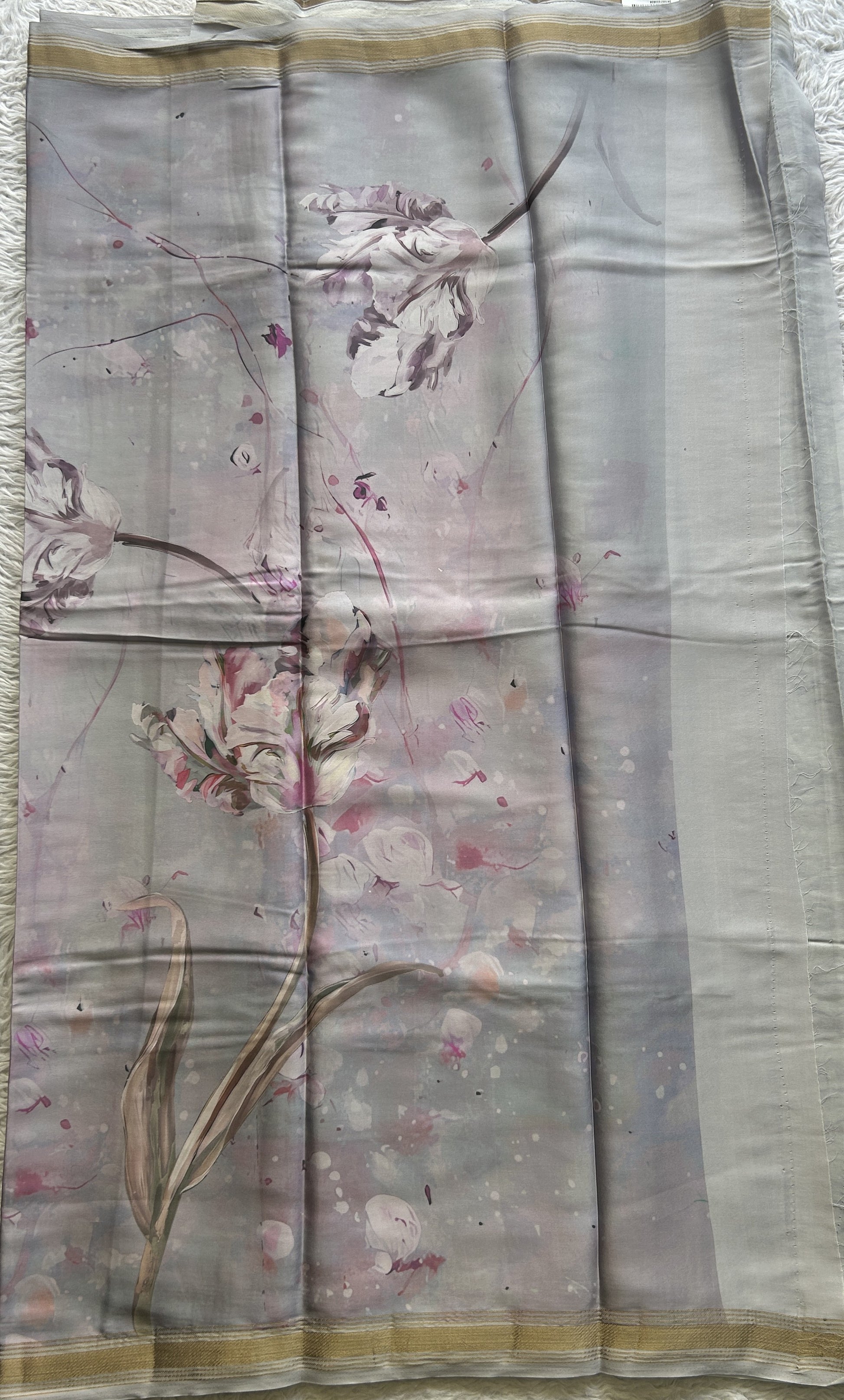 Satin Silk Saree Silver Colored Complemented with a Zari Border. - Sampradaya Designer Studio