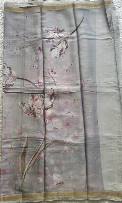 Satin Silk Saree Silver Colored Complemented with a Zari Border. - Sampradaya Designer Studio