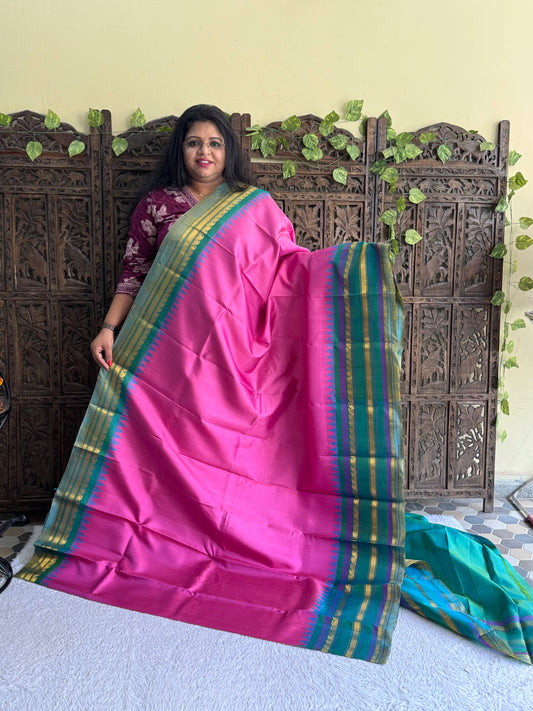 Gadwal Silk Saree Hot Pink Colored Complemented With Gold Zari Border