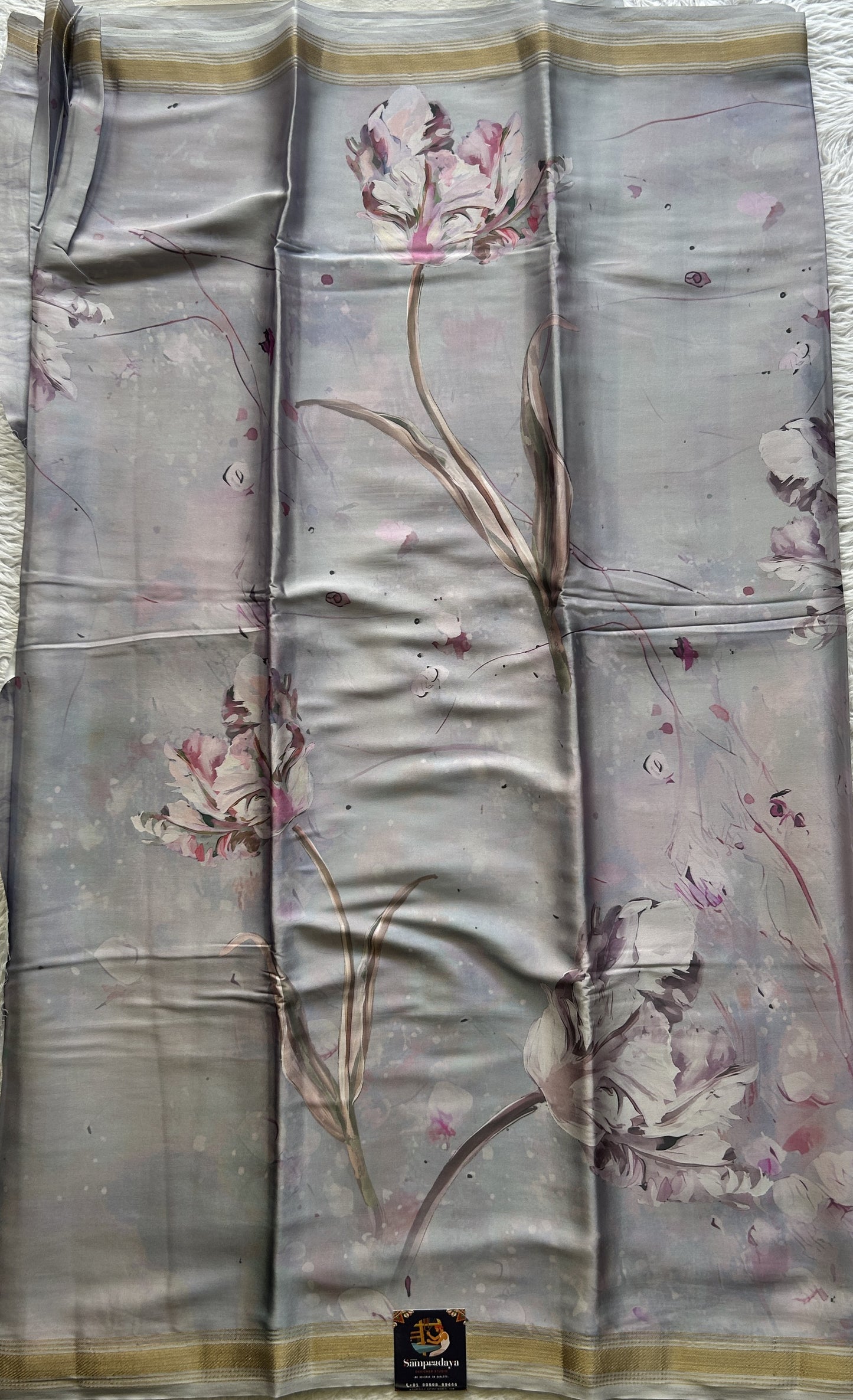 Satin Silk Saree Silver Colored Complemented with a Zari Border. - Sampradaya Designer Studio