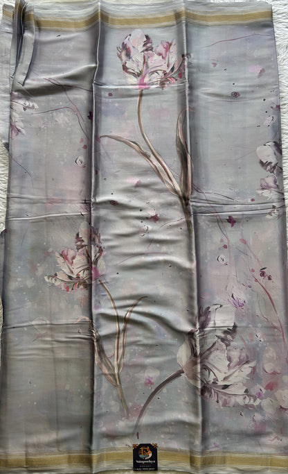 Satin Silk Saree Silver Colored Complemented with a Zari Border. - Sampradaya Designer Studio