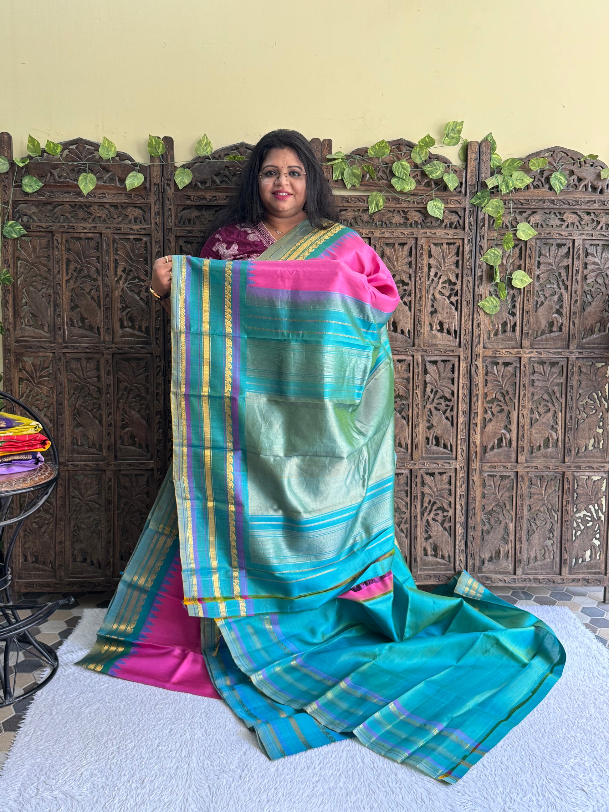 Gadwal Silk Saree Hot Pink Colored Complemented With Gold Zari Border - Sampradaya Designer Studio
