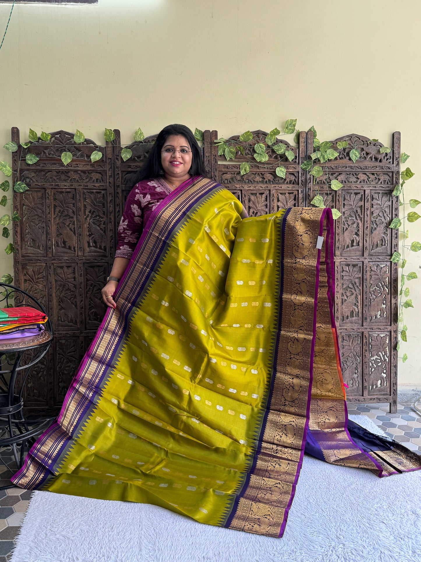 Gadwal Silk Saree Lime Colored Complemented With Gold Zari Border - Sampradaya Designer Studio