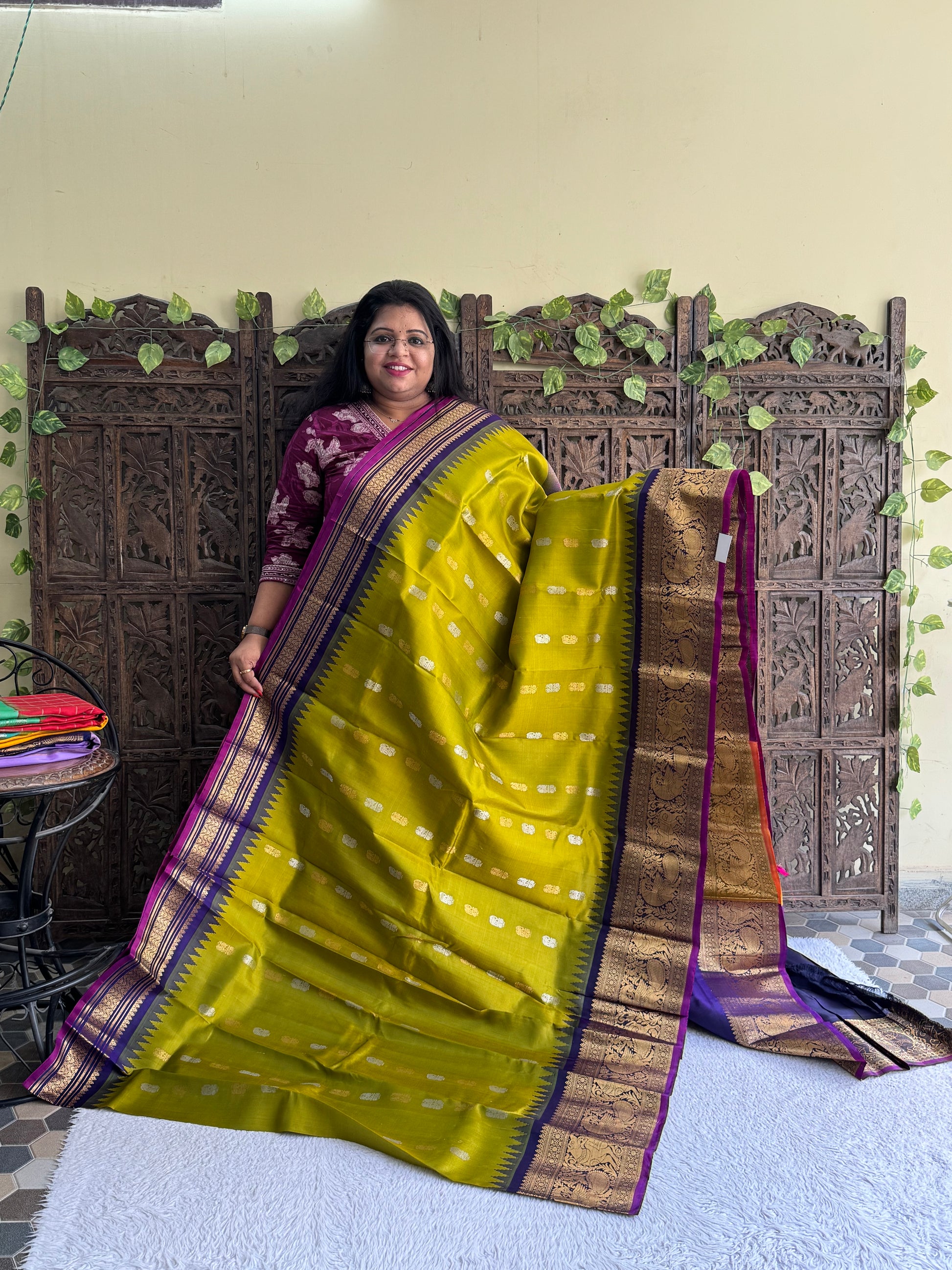 Gadwal Silk Saree Lime Colored Complemented With Gold Zari Border - Sampradaya Designer Studio