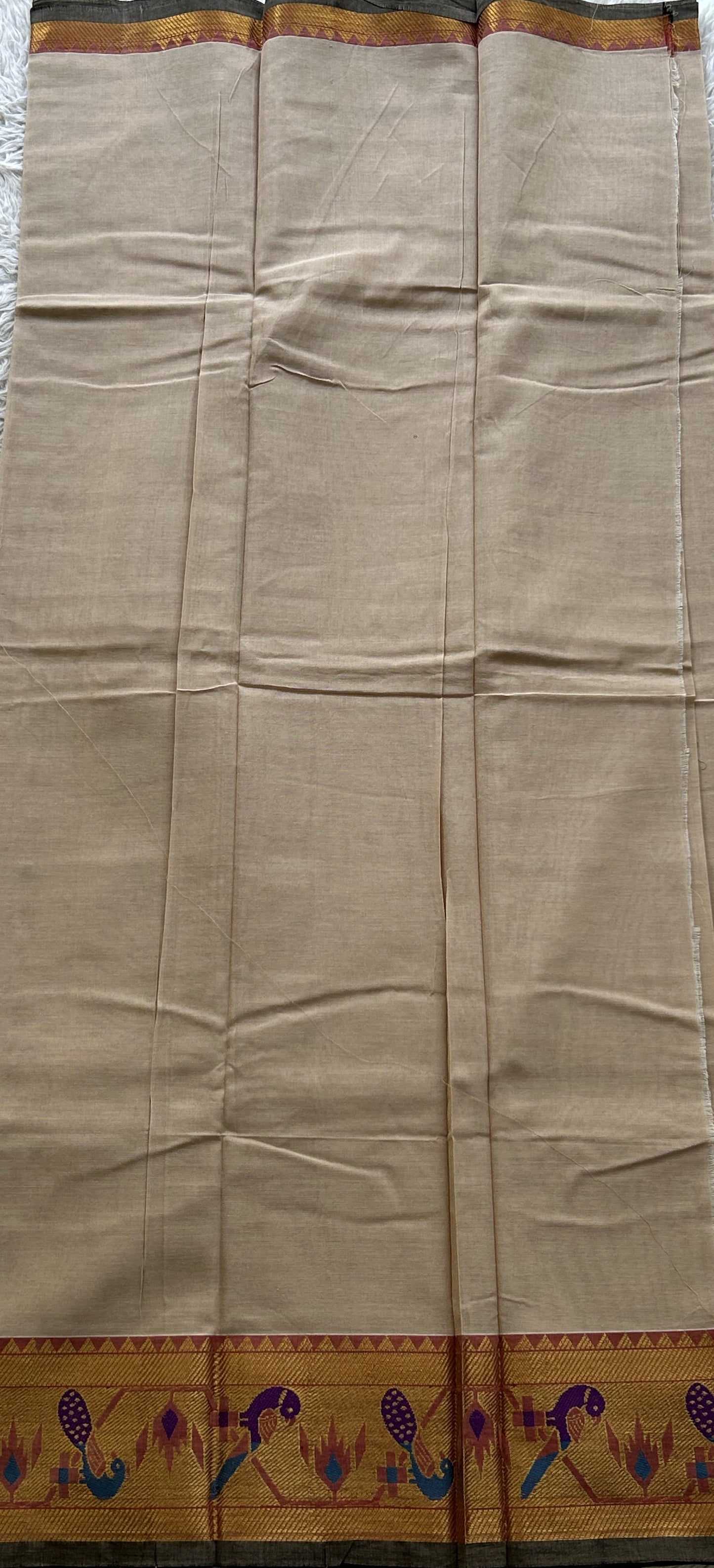Narayanpet Cotton Dress Material – Beige Color Gold Zari Border | Handloom Cotton