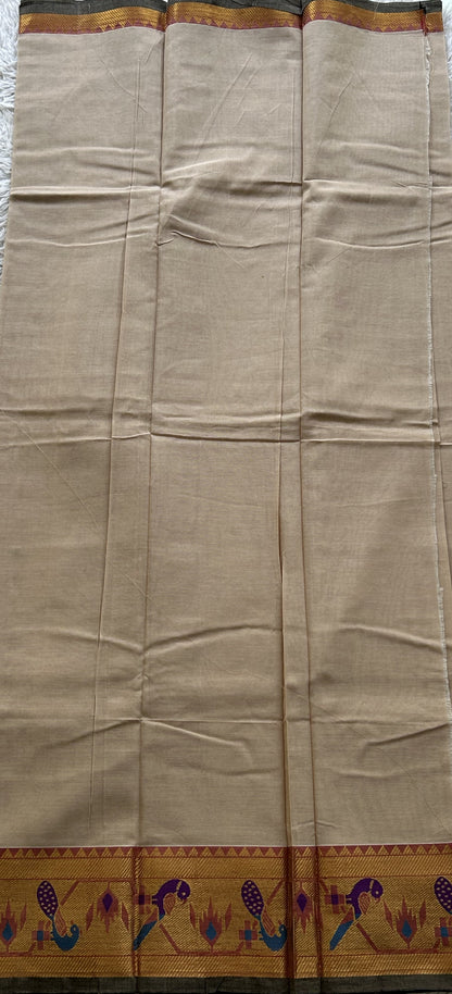 Narayanpet Cotton Dress Material – Beige Color Gold Zari Border | Handloom Cotton