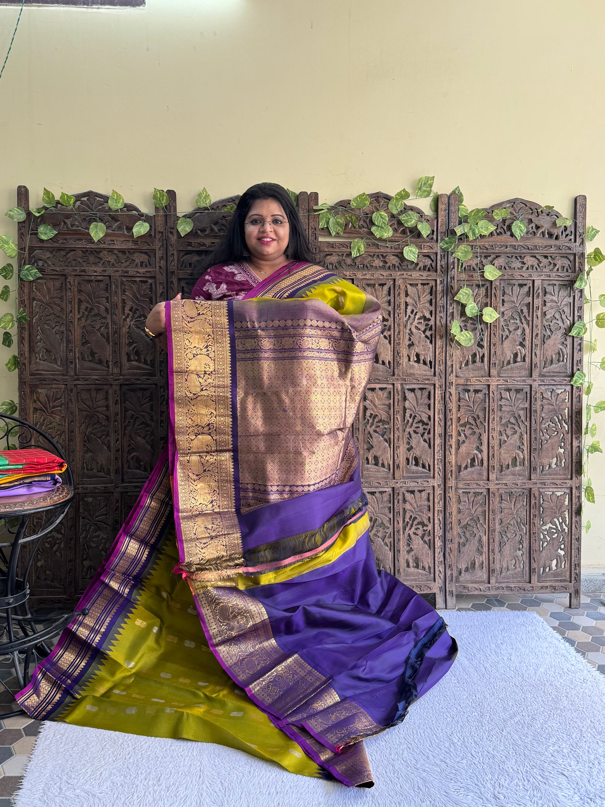 Gadwal Silk Saree Lime Colored Complemented With Gold Zari Border - Sampradaya Designer Studio