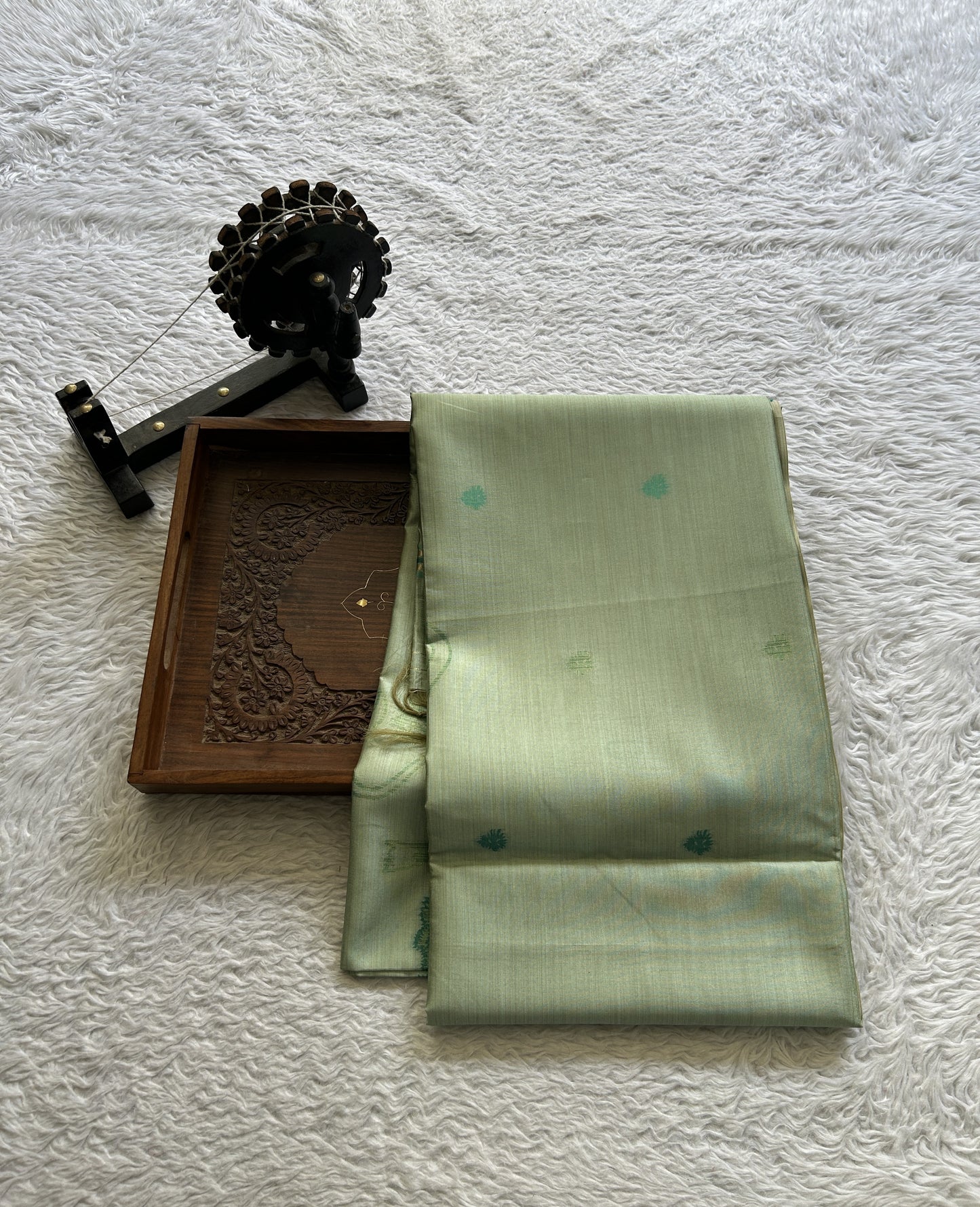 Semi Tussar Saree Fern Colored complemented with a Embosed Border. - Sampradaya Designer Studio