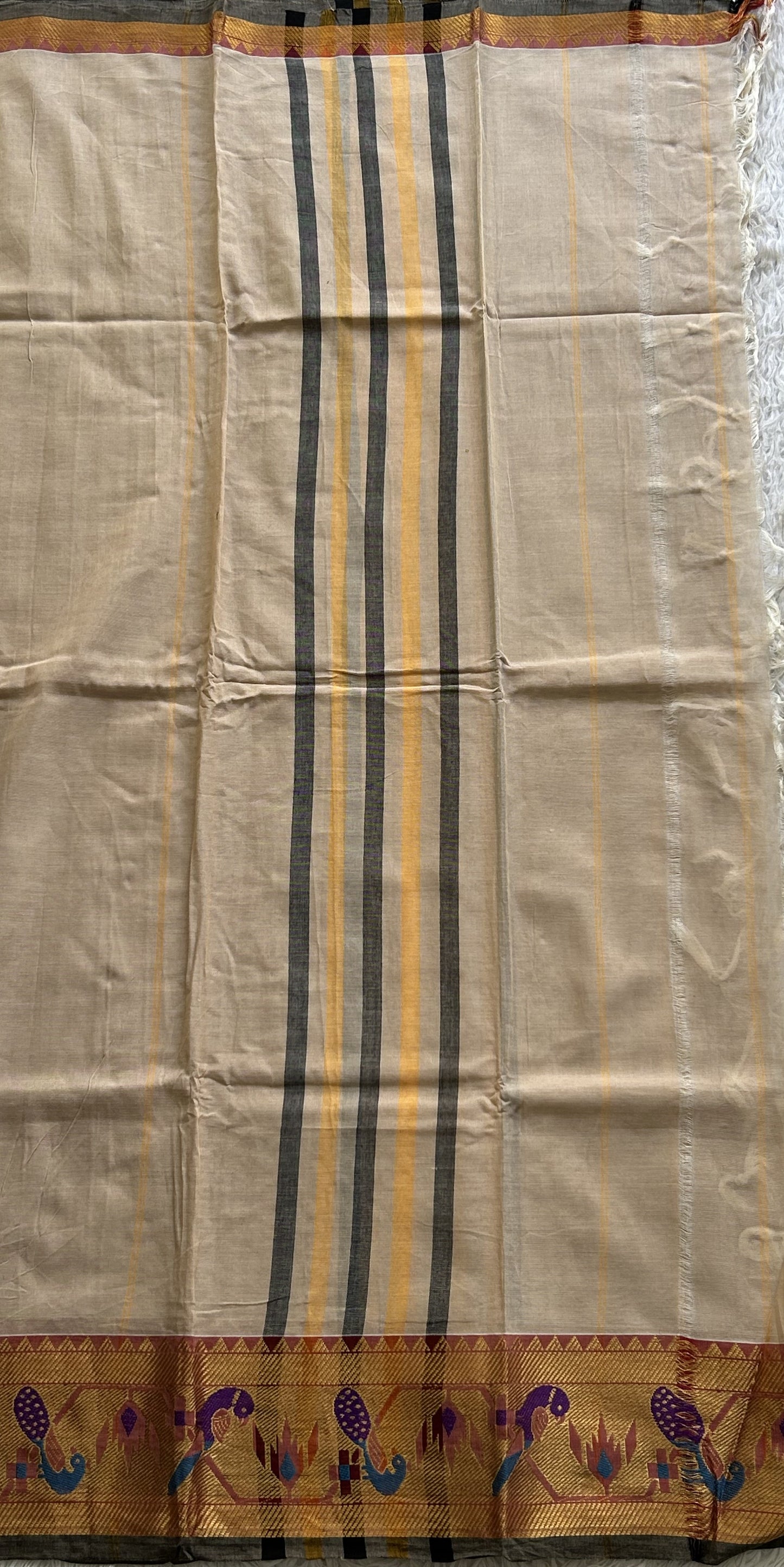 Narayanpet Cotton Dress Material – Beige Color Gold Zari Border | Handloom Cotton