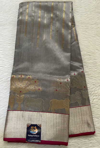 Chanderi Pattu Saree Gray colored saree complemented with a Silver Zari border - Sampradaya Designer Studio
