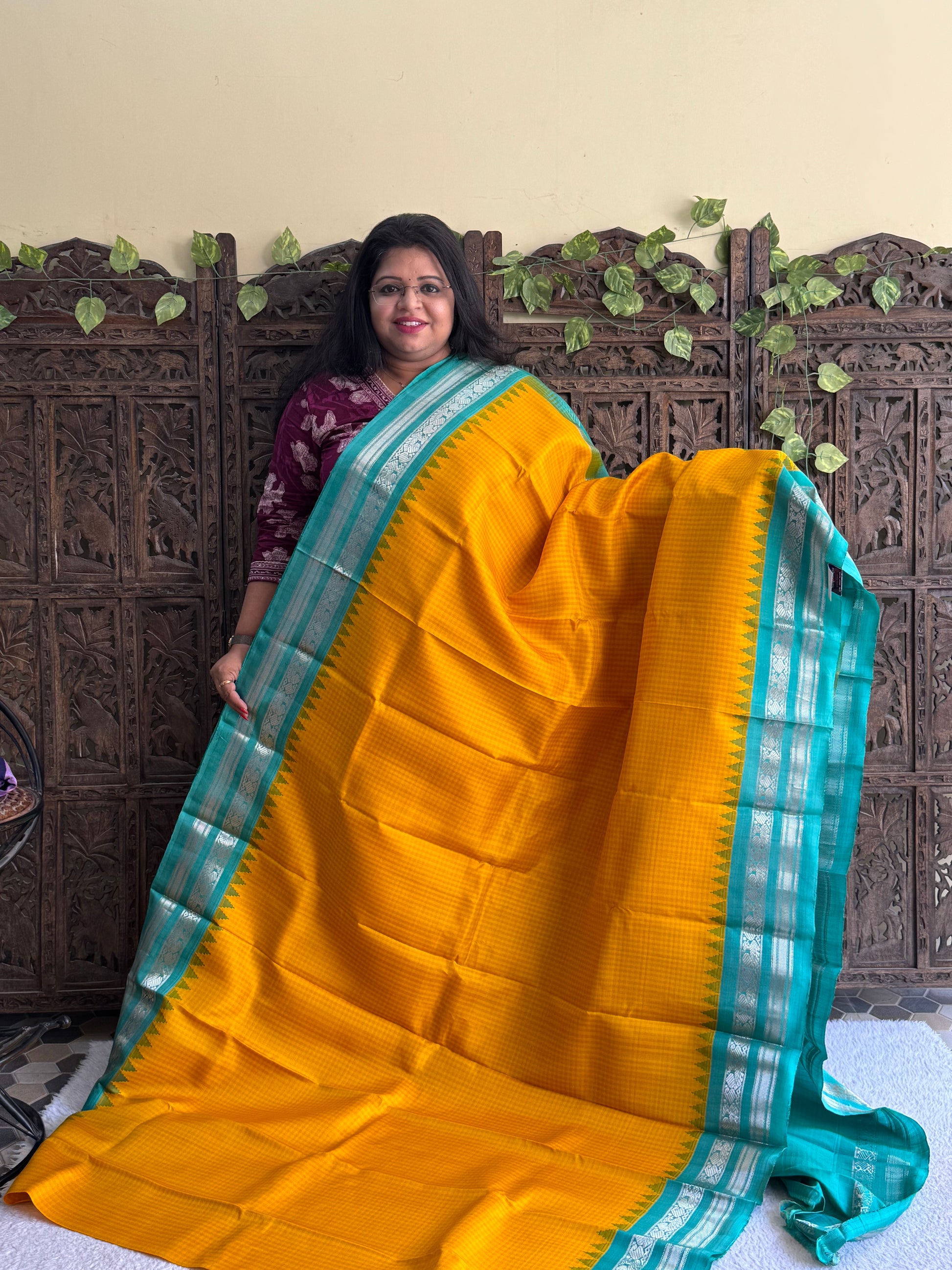 Gadwal Silk Saree Honey Colored Complemented With Gold Zari Border - Sampradaya Designer Studio