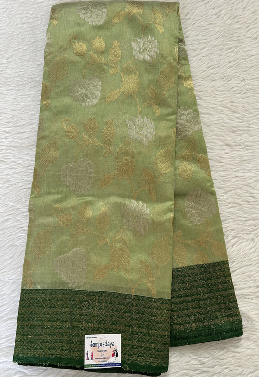 Chanderi Pattu Saree Pastel Green colored saree complemented with a Bottle Green Gold Zari border - Sampradaya Designer Studio