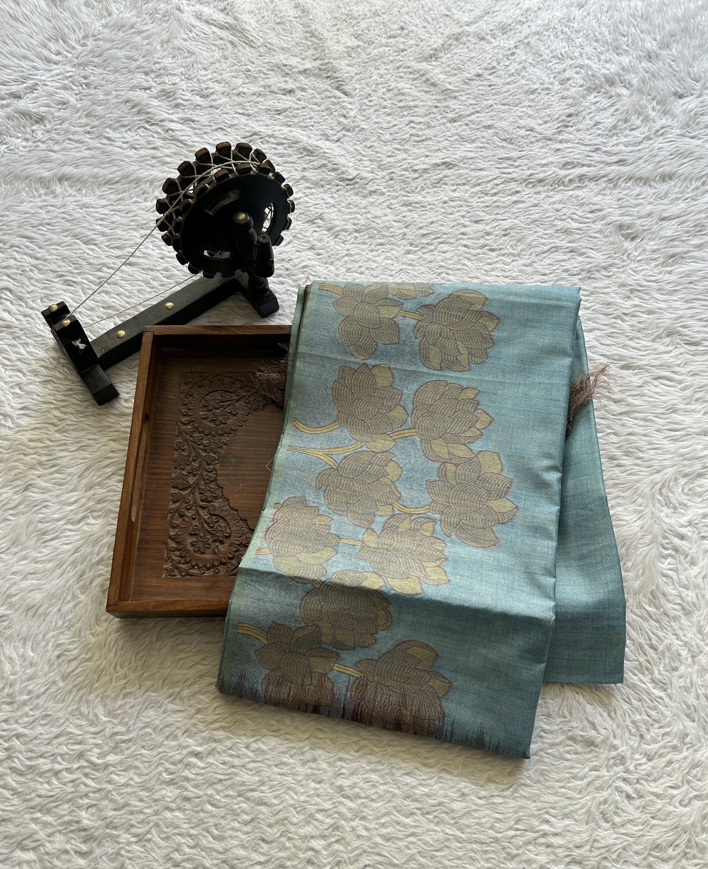 Semi Tussar Saree Sky Blue Colored complemented with a Embosed Border. - Sampradaya Designer Studio