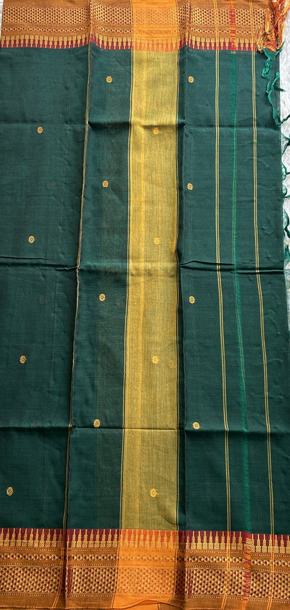 Narayanpet Cotton Dress Material – Bottle Green Color Gold Zari Border | Handloom Cotton