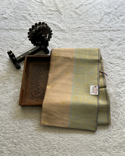 Semi Tussar Saree Sandalwood Colored complemented with a Zari Border. - Sampradaya Designer Studio