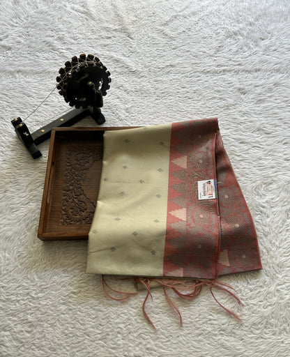 Semi Tussar Saree Beige Colored complemented with a Zari Border. - Sampradaya Designer Studio