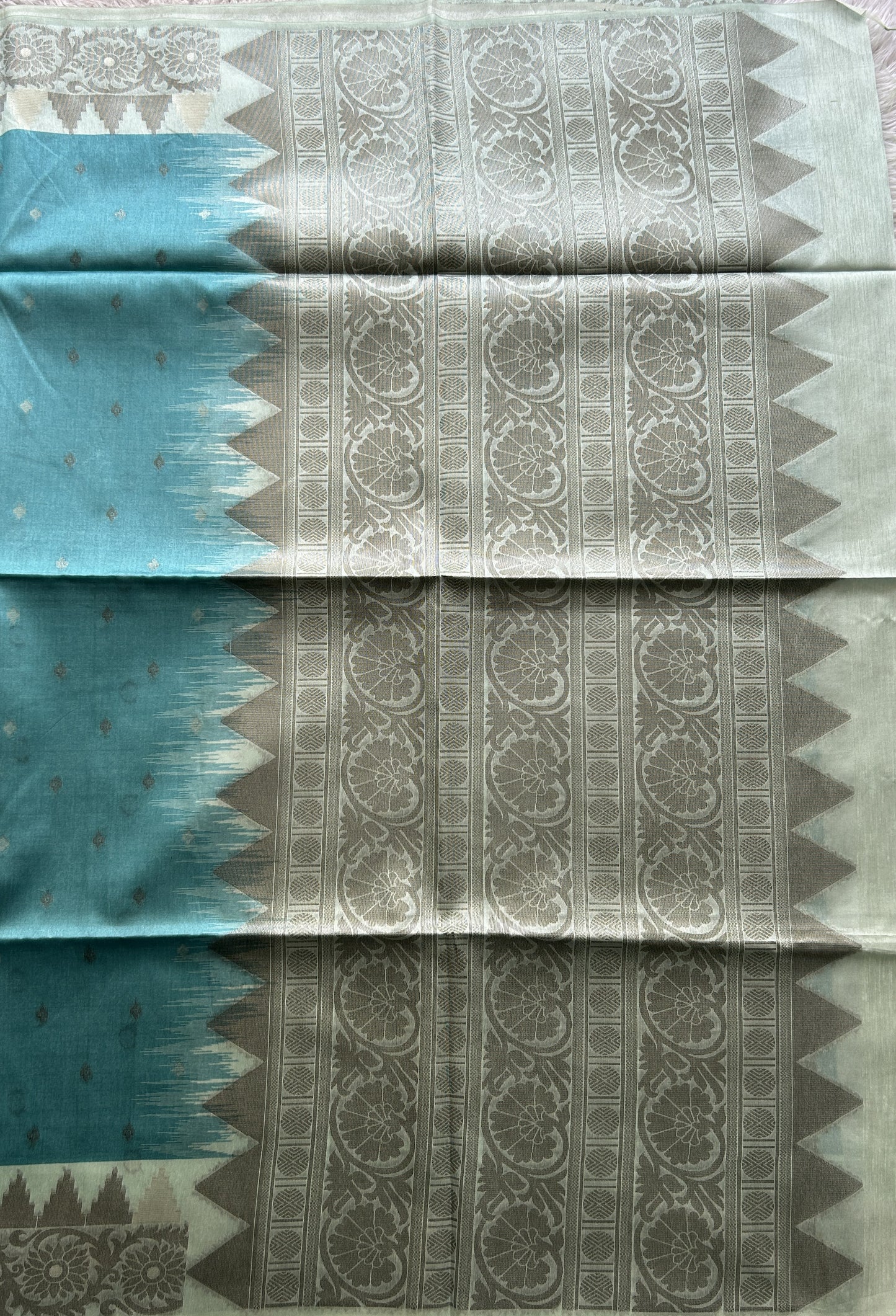 Semi Tussar Saree Blue Colored complemented with a Zari Border. - Sampradaya Designer Studio