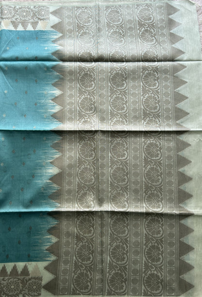 Semi Tussar Saree Blue Colored complemented with a Zari Border. - Sampradaya Designer Studio