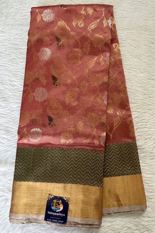 Chanderi Pattu Saree Dusty Rose colored saree complemented with a Pastel Green colored Gold Zari border - Sampradaya Designer Studio