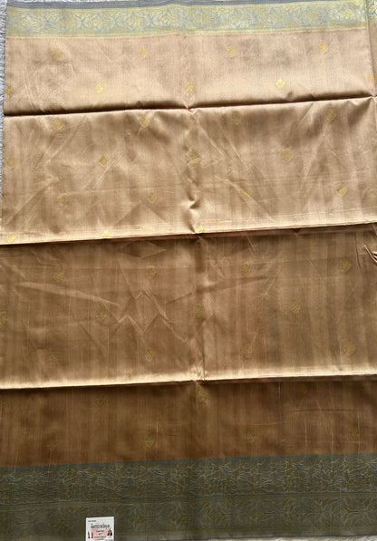 Semi Tussar Saree Sandalwood Colored complemented with a Zari Border. - Sampradaya Designer Studio