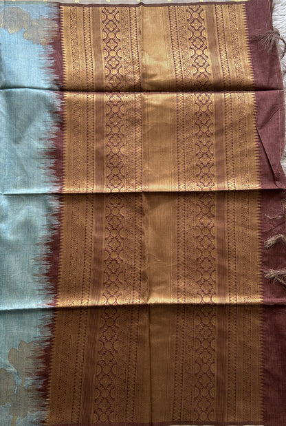 Semi Tussar Saree Sky Blue Colored complemented with a Embosed Border. - Sampradaya Designer Studio