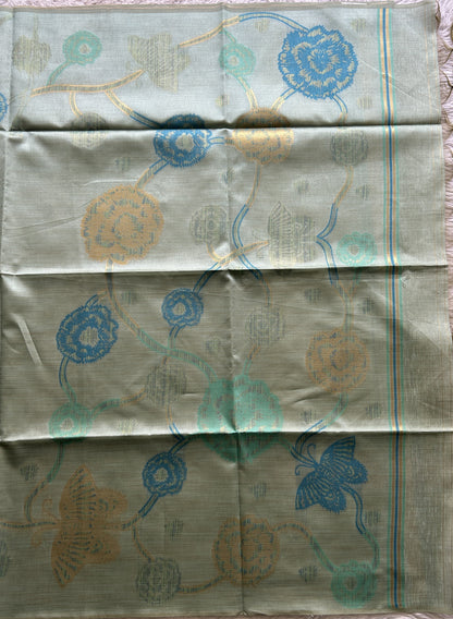 Semi Tussar Saree Sea Blue Colored complemented with a Embosed Border. - Sampradaya Designer Studio