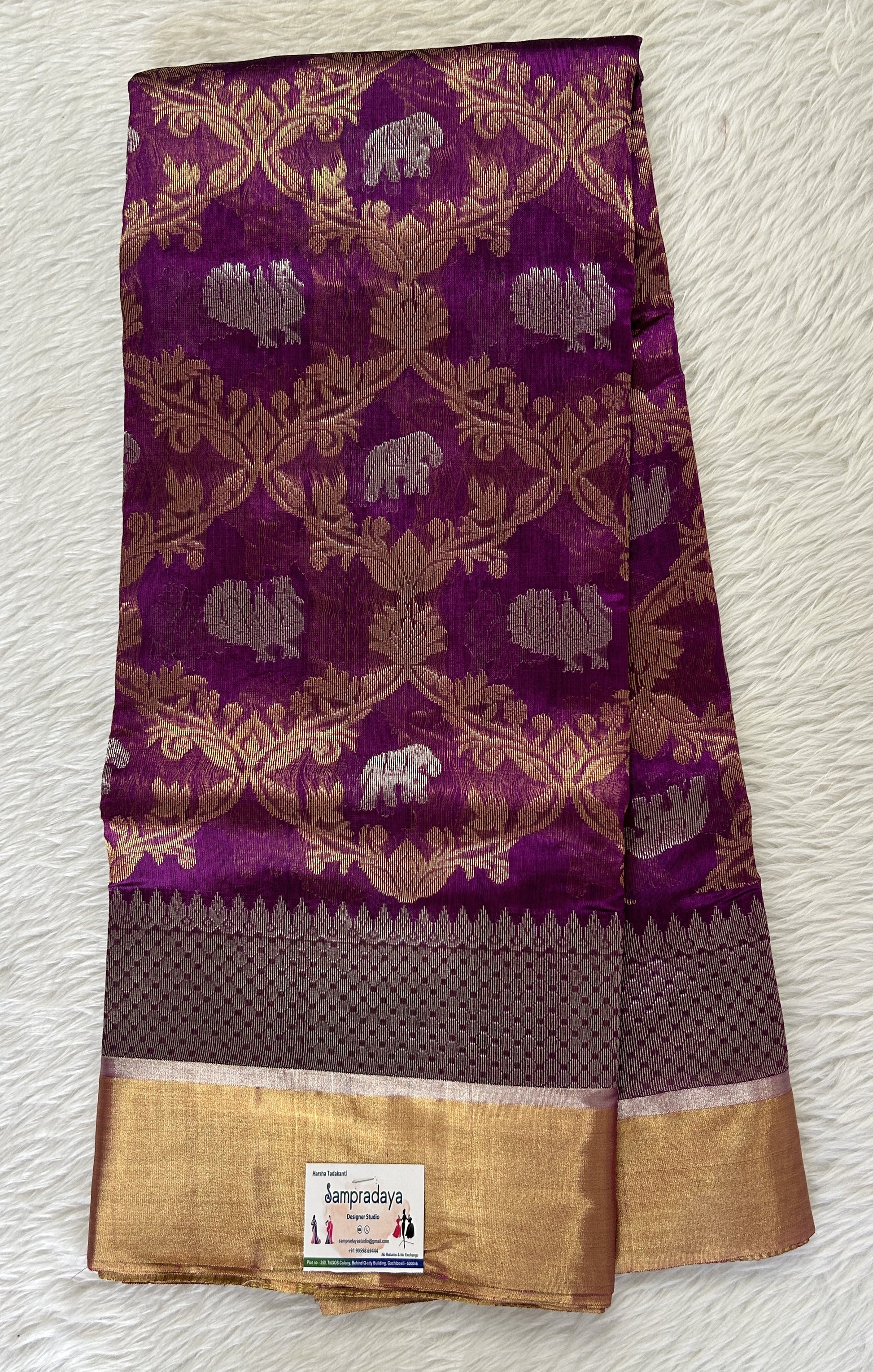 Chanderi Pattu Saree Purple colored saree complemented with a Silver and Gold Zari border - Sampradaya Designer Studio