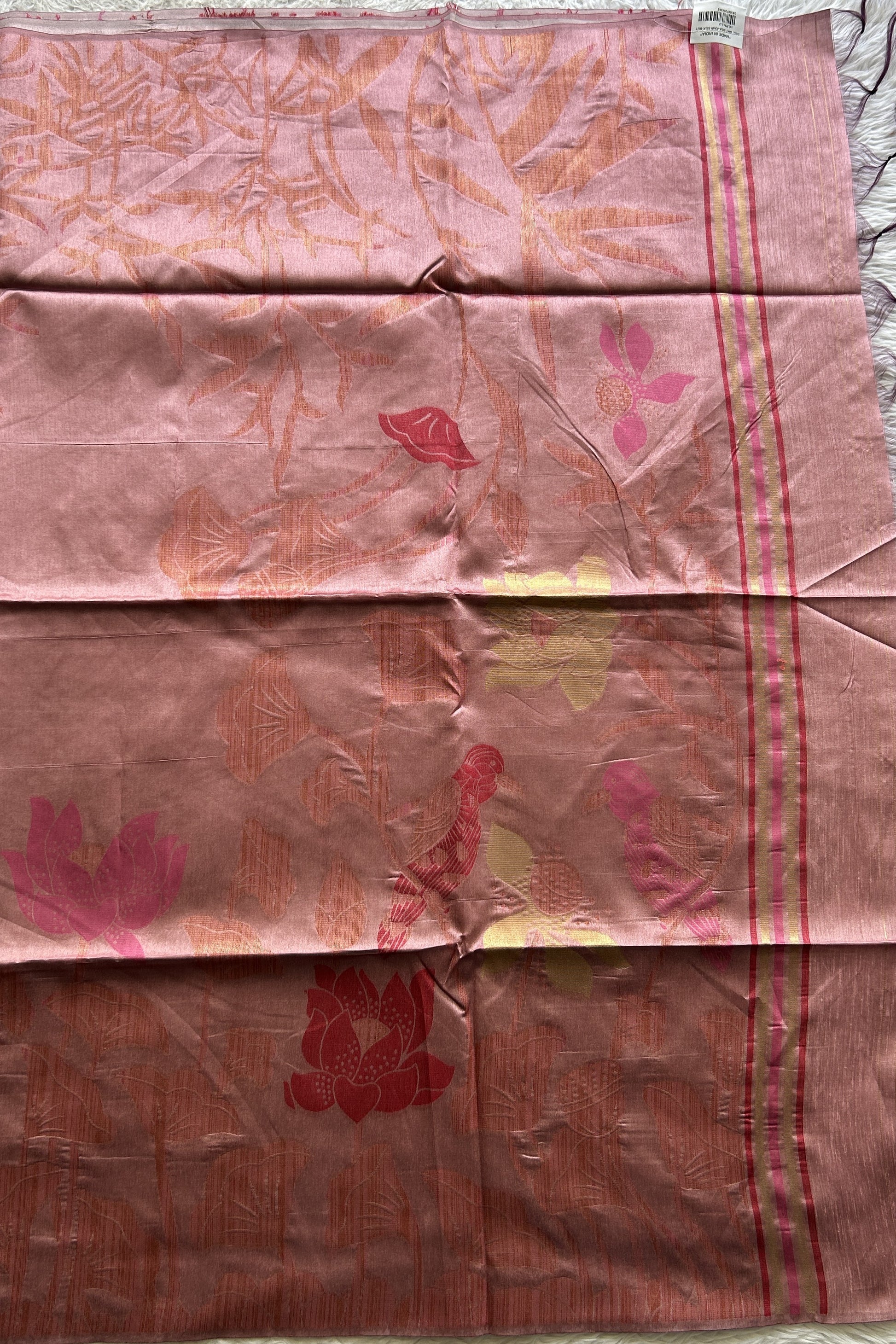 Semi Tussar Saree Pink Colored complemented with a Embosed Border. - Sampradaya Designer Studio