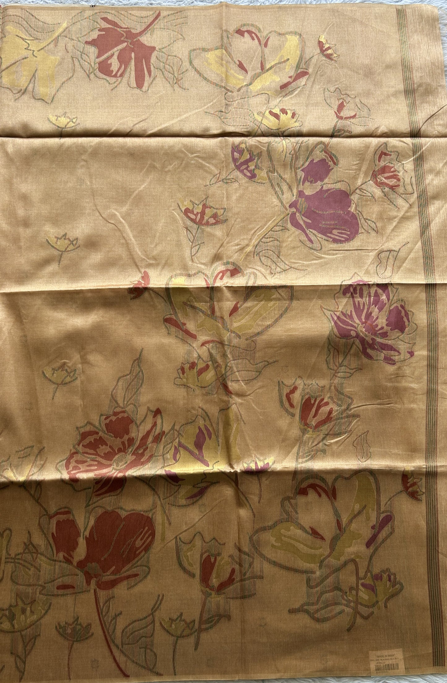Semi Tussar Saree Mustard Colored complemented with a Embosed Border. - Sampradaya Designer Studio