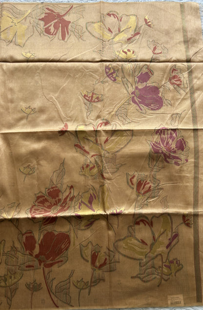 Semi Tussar Saree Mustard Colored complemented with a Embosed Border. - Sampradaya Designer Studio